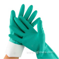 Flocked Lining Green Reusable Chemical Nitrile Gloves